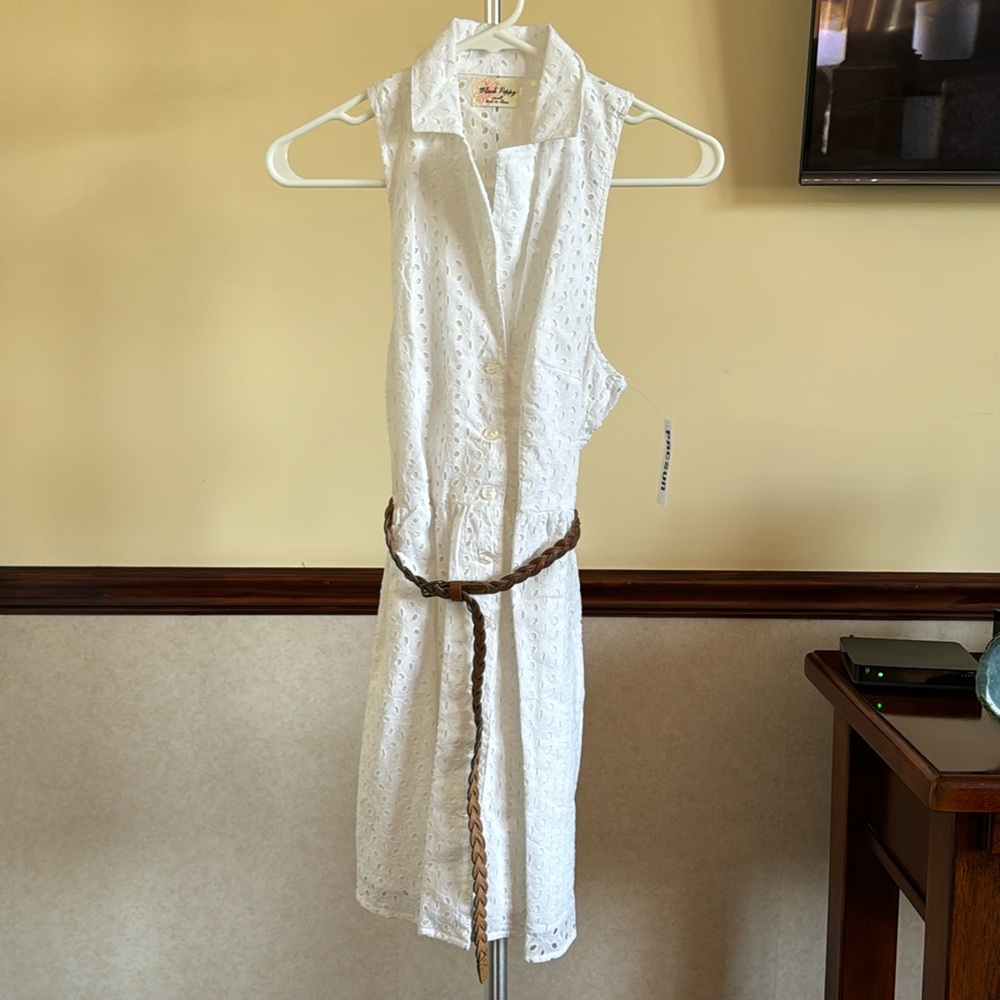 White Dress with Attached Brown Belt